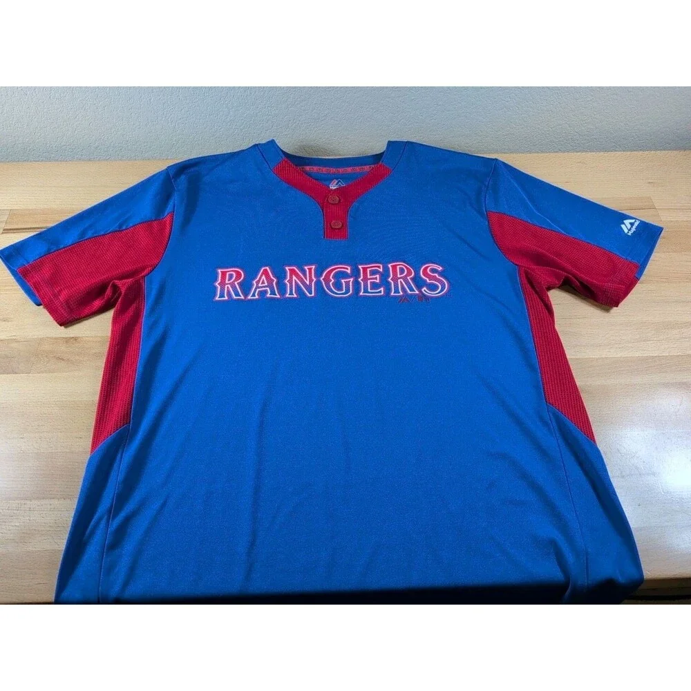 MLB Texas Rangers Majestic Cool Base Warm Up Jersey Shirt Large Blue Red